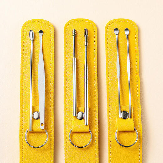 Han Meichen ear scoop six-piece set of ear picking tools stainless steel ear scoop leather bag cleaner home portable yellow light ear pick ear scoop 6 pieces set*