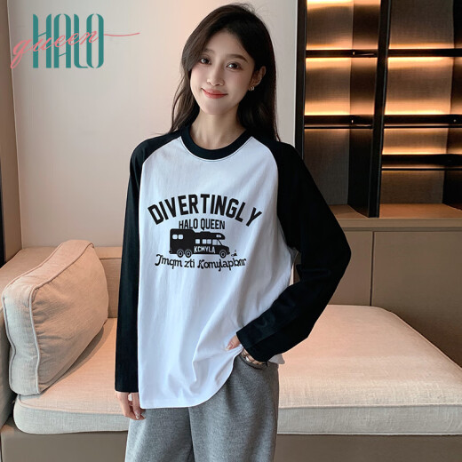 HaloQueen long-sleeved T-shirt women's spring and autumn raglan sleeve black and white splicing top trendy letter printed outer T-shirt H141T2270