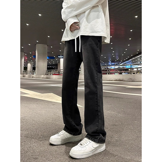 7 High-End-Produkte, Mikroschärfen-Scimitar-Jeans für Männer, Frühlings- und Sommer American High Street Draw String Lose gerade schlanke lange Hosen für Männer, DFFS-719 Black (Buckle) S