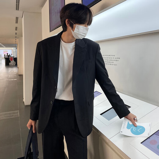 Xinghelai blazer men's Korean style business casual suit black shoulder pad small suit handsome boy trendy black shoulder pad jacket + small pants XL 125-140Jin Jin equals 0.5 kg