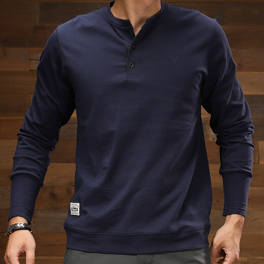 Ji Yan's high-end 220g heavyweight pure cotton Henley shirt spring and autumn American retro long-sleeved Ami khaki solid color sweatshirt for men blue XL