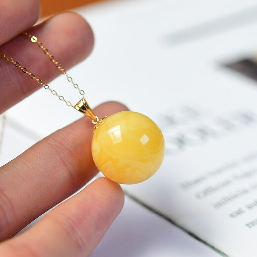 Xuanxia natural beeswax single bead necklace with certificate, women's pendant, clavicle chain, holiday gift for wife and girlfriend, beeswax approximately 14 round beads inlaid with 18K gold buckle head pendant