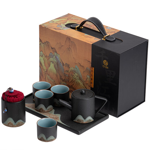 Su's ceramic hand-painted tea set with dry tea tray, small tea can, 7 pieces Kung Fu tea cup, tea set gift box set