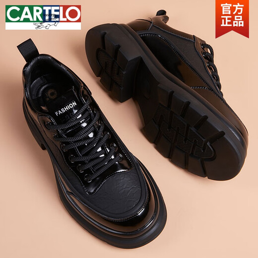 CARTELO men's leather shoes men's thick-soled British trend inner heightening derby shoes genuine leather business formal wear Korean patent leather casual shoes black non-heightening 40