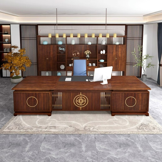 YARXCHEG new Chinese style solid wood desk boss desk ebony wood president office high-end executive desk furniture combination set 2.4m desk (golden sandalwood)