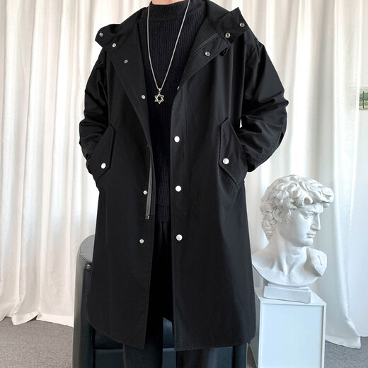 Lovren thickened cotton autumn and winter coat windbreaker men's medium-length large size loose casual trendy knee-high coat hooded jacket black regular thickness 3XL (suitable for 175-210Jin Jin equals 0.5 kg)