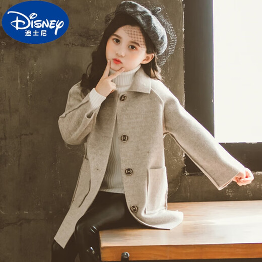 迪士尼（Disney）女童双面呢大衣2025新款秋冬洋气大童秋装儿童呢子仿羊绒毛呢外套 浅灰色 浅灰色 160 码建议13-14岁【150-160cm】