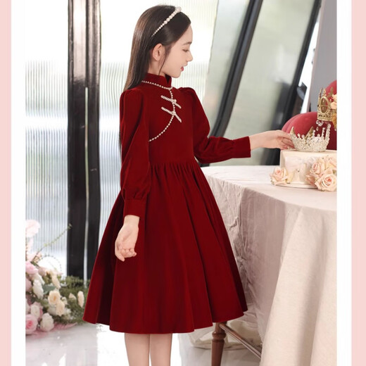 Disney girls princess dress new velvet autumn and winter children's red cheongsam style dress New Year skirt dress red velvet style velvet lining 120