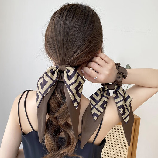 Zhuo Keke bow tie streamer tied into a low ponytail hair accessories women's winter hair rope head flower high-end hair tie hair tie high-end head rope coffee color F style streamer