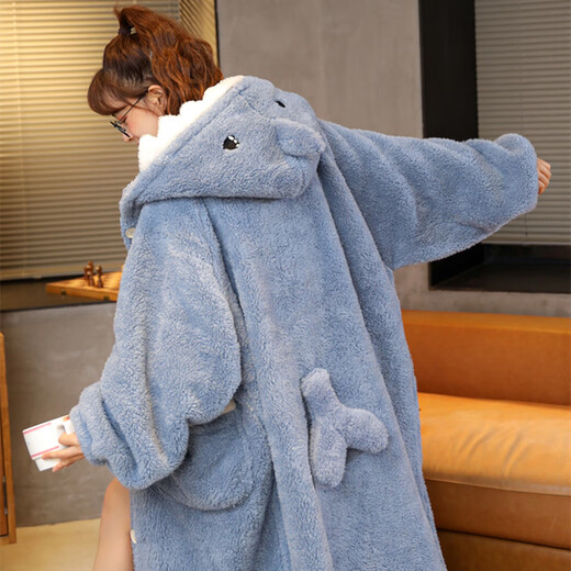 Sensheng Coral Fleece Pajamas Women 2025 New Autumn and Winter Pajamas Long Style Internet Celebrity Thickened Flannel Home Clothes Shark Dark Shark Clothing Robe S Recommendation 80-100Jin Jin is equal to 0.5 kg