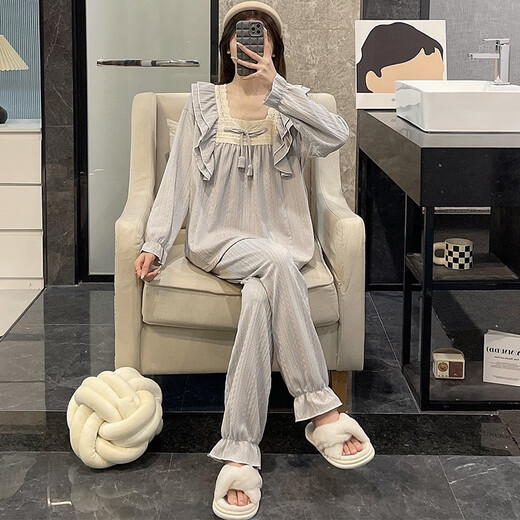Pyjamas Xiangyaxin pour femmes 2024 Nouveau Jacquard Cotton Spring and Automne Sweet Princess Lace Lace Long Manches Automne et hiver peuvent être portés à l'extérieur des vêtements à domicile 9904 Gray-Blue XL Code 120-130Jin [Jin est égal à 0,5 kg]