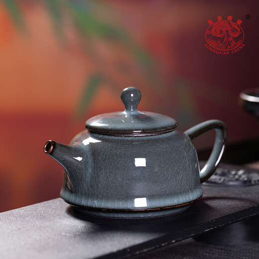 Longquan celadon high-end tea set Ge kiln iron tire ice crack open piece home reception tea pot tea cup set gift box iron tire fixed pot tea set 10 pieces gift box