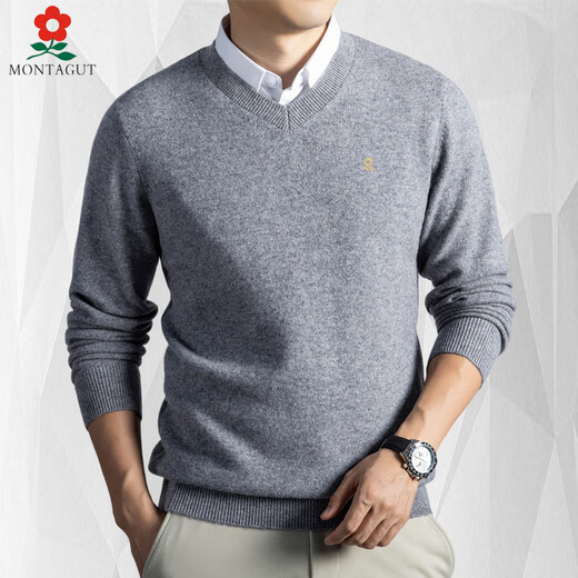 MONTAGUT cardigan men's V-neck 2025 autumn and winter new middle-aged and elderly solid color bottoming knitted sweater thickened and warm dark gray M 165 90-110Jin Jin equals 0.5 kg