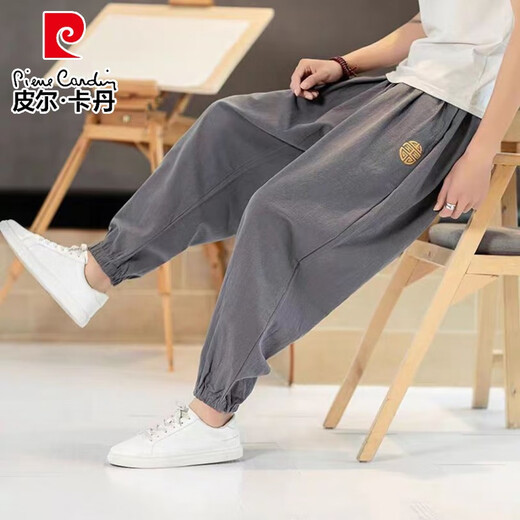 皮尔卡丹（pierre cardin）灯笼裤男宽松中国风休闲九分裤夏季薄款刺绣束脚裤棉麻针织 黑色 2XL 145斤-160斤