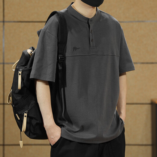 Ten Cranes American Retro Polo Shirt Men's Short Sleeve Loose Casual Half Sleeve Men's Summer Large Size Men's Henley Collar T-shirt Light Brown 2XL (160-180Jin Jin equals 0.5kg)