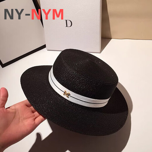 NY-NYM webbing M label straw hat for women summer British retro flat top fresh top hat sun protection beach hat white M (56-58cm)