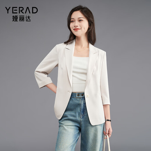 Yalida chaqueta de traje fina informal de gama alta para mujer novedad de verano traje de manga tres cuartos para mujer blanco (K0) -Moonlight White M