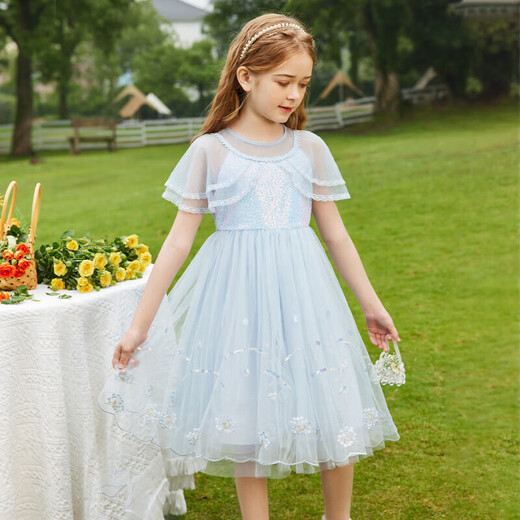 ASK JUNIOR Girls Dress Summer Thin Children's Skirt Classic Fashion Mesh Princess Dress Blue 120