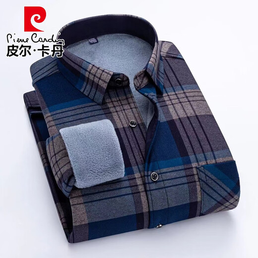 Pier Cardin Cotton plus Fleece verdickte warme Hemd Herren Langarmplaid Real Pocket großer Größe reines Baumwollvater-Hemd Winter Neues Produkt 9902 L Empfohlen 100-120jin [Jin gleich 0,5 kg]