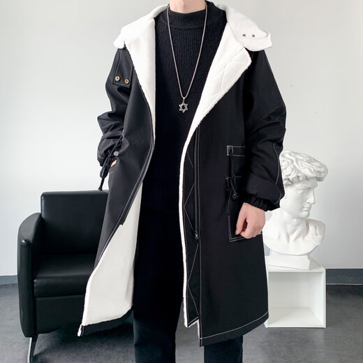 LOFVRANG (Fleet and Thickening Optional) Mid-Length Windbreaker Men's Coat Loose Trendy Brand Large Size Handsome Teenage Jacket Men Black Velvet Thickening 2XL (Suitable for 160-175 Jin Jin is equal to 0.5 kg)