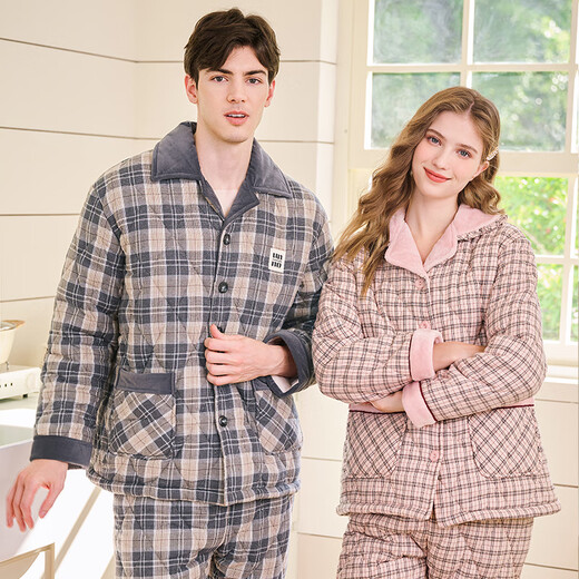 American Standard Gifts Winter New Couple Pajamas Thickened Three-layer Cotton Warm Men's and Women's Casual Plaid Can Be Weared Outer Home Clothes Dark Gray (Coral Velvet Inner Layer) XL