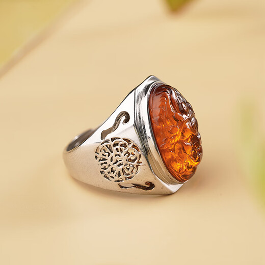Potala Palace 925 silver ring amber Mahakala ring for men and women Tibetan ethnic style adjustable birthday gift for husband 925 silver inlaid amber Mahakala ring