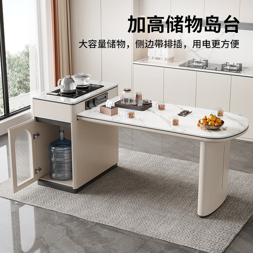Tangjiang No. 1 cream style small apartment retractable slate island dining table integrated home kitchen guide multi-functional table and chair combination Snow mountain white slate + tea stove style (bull socket) 1.2 meters one table and four chairs retractable