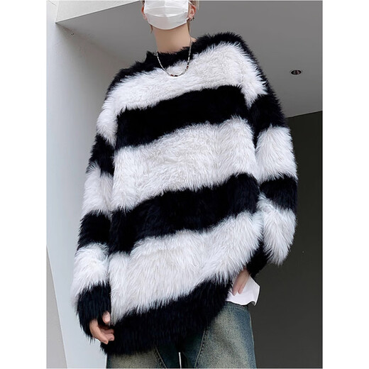 7家优品秋冬水貂绒条纹毛衣男圆领套头休闲潮牌韩系学生百搭青少年针织衫 XCS-7174白色 XL