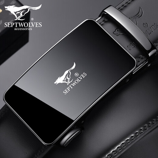 SEPTWOLVES belt men's genuine cowhide automatic buckle belt cowhide pure business casual pants belt birthday gift for husband and dad dark plaid black gift box official direct sale