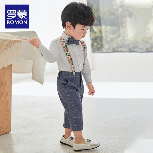Luo Meng children's suit suit boy's first birthday dress baby boy three-piece flower girl suit suit summer long suspender four-piece suit shirt + trousers + suspender + bow tie 80