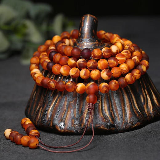 KHSK natural old beeswax tiger skin pattern Russian amber 108 Buddha beads bracelet necklace scented bracelet strong fragrance 6mm