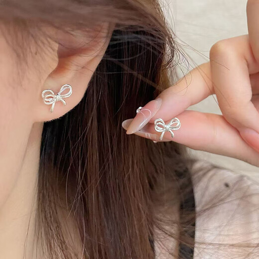 Miao Yijia Earrings Silver Needle Earrings Women's 2025 New Earrings Women's Temperament High-end Niche Ear Holization Birthday Gift Double-layer Hollow Bow Earrings Pair