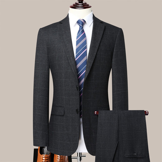 Hengyuanxiang wool suit men's suit Middle-aged men's autumn and winter business casual formal wear professional high-end suit wedding dress 2383 - black and gray strips L (175) pants default size 34 - for other sizes, please leave a message about your waist size or contact customer service
