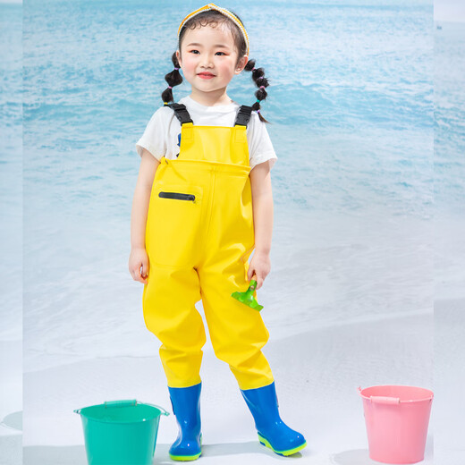 Children's water play one-piece waders, kindergarten waterproof clothes, rain boots for boys and girls, fish catching rain pants, beach children's yellow overalls with pockets, size 22/28 (shoe inner length 15cm)
