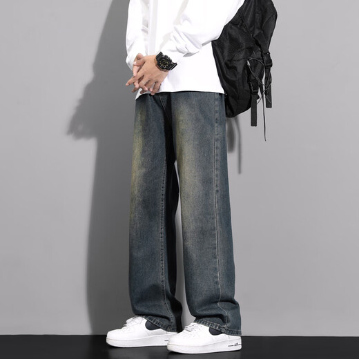 MAYBEYOND jeans men's American fashion brand high street workwear straight pants loose casual wide leg pants MA46 blue XL