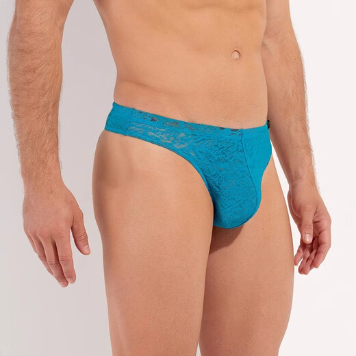 HOM French men's thong lace underwear low-waisted new high-end sexy semi-transparent boys' sexy underwear lake blue T-shaped L