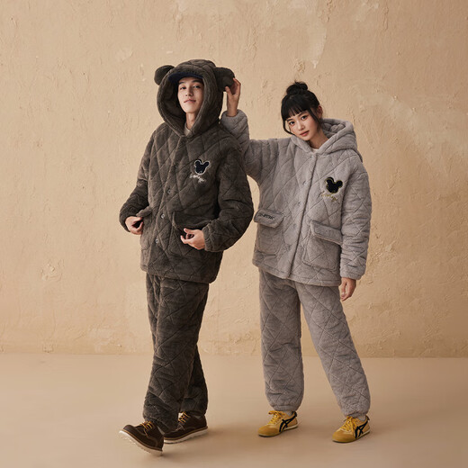 Kiss Cat Hooded Warm Velvet Couple's Quilted Pajamas Women's Winter Three-Layer Thickened Men's Suit Home Clothes Outerwear 164 Tea Brown Men 2XL