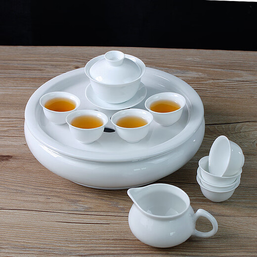 Ceramic tea tray, round complete set, Chaoshan white porcelain Kung Fu tea set, drum-shaped water storage 10-inch complete set of pure white covered bowl, white porcelain 10-inch single tea tray