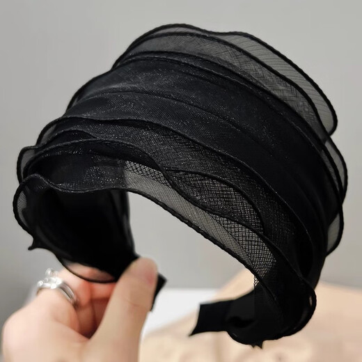 Zuoou black wide-brimmed headband female Internet celebrity new polka dot organza hairpin widened to cover white hair with toothed anti-slip headband pure black