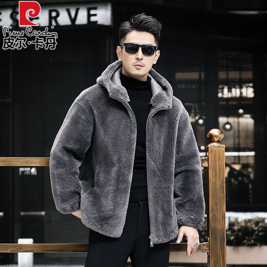 Pierre Cardin 100% Genuine Wool Sheep Shear Coat Men's Fur One-piece Lamb Fur Coat Hooded Men's Thick Winter Jacket Dark Gray L 100 to 125 Jin Jin equals 0.5 kg Wear