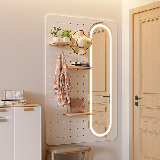 秋佳全身镜洞洞板卧室玄关带灯 日式试衣镜壁挂穿衣镜挂墙衣帽架镜子 160*105榉木色+智能灯 是