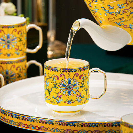 Hanming Jingdezhen Enamel Tea Set High-end Housewarming Gift Ceramic Teapot Water Cup Living Room Household Cup Set High-end Bone China Tea Set 8-piece Gift Box