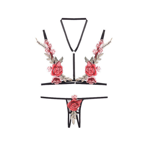 Guiruo high-end flower embroidery sexy three-point split suit sexy and tempting split black one size fits all