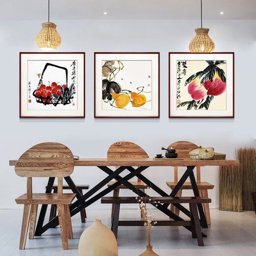 Zi Teng Suixuan Qi Baishi decorative painting new Chinese style living room background wall hanging painting bedroom dining room restaurant ink shrimp mural Shoudao A style 40*40cm mahogany color solid wood frame