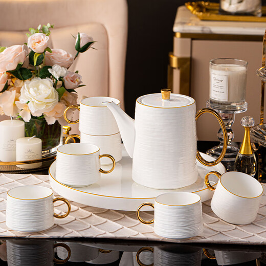 Hanming European high temperature resistant tea set Jingdezhen ceramic water set teapot living room home housewarming gift cup set 8-piece set/with rotatable tray gift box