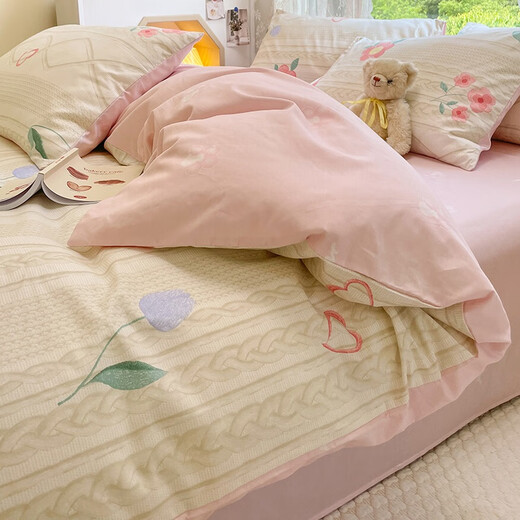 瑞琴纯棉被套单件200x230双人全棉夏季被罩床单150x200单人被单三件套 春风十里 【亲肤全棉  适合裸睡 2.0m床【床单款四件套】-适合220