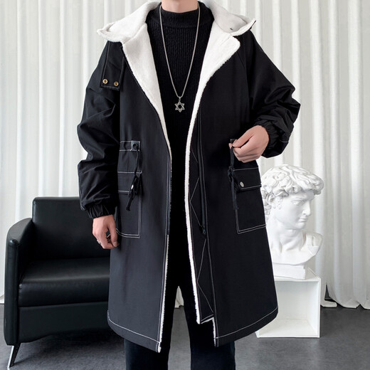 LOFVRANG (Fleet and Thickening Optional) Mid-Length Windbreaker Men's Coat Loose Trendy Brand Large Size Handsome Teenage Jacket Men Black Velvet Thickening 2XL (Suitable for 160-175 Jin Jin is equal to 0.5 kg)