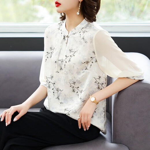 兰铂丽斯中年妈妈洋气雪纺小衫夏季新款贵夫人夏装套装2025女上衣两件套 9196粉色单上衣 L （建议85-100斤）