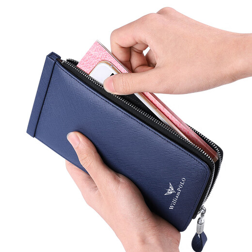 WILLIAMPOLO Anti-theft Card Holder Men's Wallet Long Genuine Leather Multi-Slot Leather Clip Top Cowhide Zipper Card Holder Large Capacity Clip Blue Cross Pattern