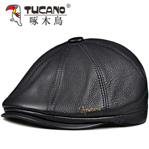 Woodpecker Autumn and Winter Genuine Leather Hats for Middle-aged and Elderly Men Sheepskin Octagonal Hat Fashion Duck Bill Newsboy Beret Trendy Painter Black Sheepskin Thin Style (No Ear Protection) XL (57-58cm) Small Internal Adjustment